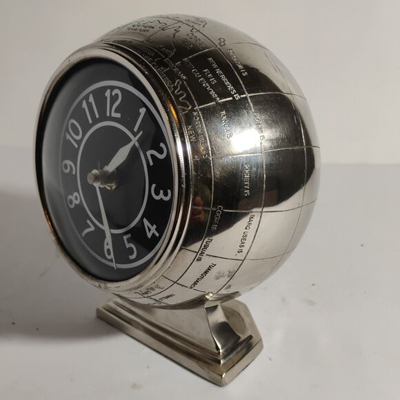 Vintage Pier 1 World Clock Art Deco Globe Retro Metal Silver Tested - Picture 3 of 16